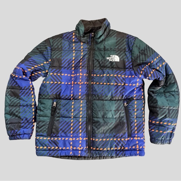 The North Face Blue and Green Plaid Full Zip Reversible Jacket Puffer Fleece
